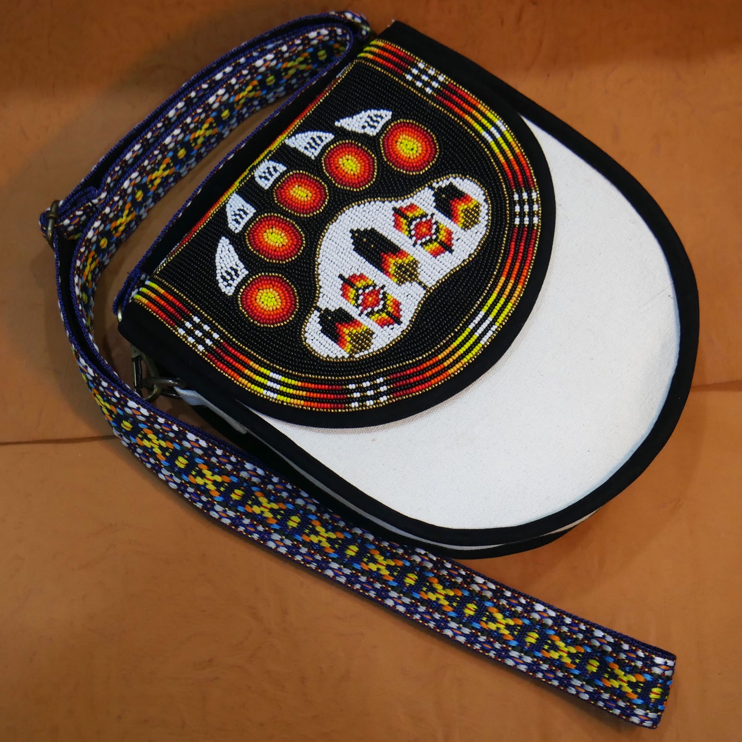 Handmade  Beaded Canvas Crossbody Bag , Shoulder Bag, Gift for Her, Gift for him ( Black Bear-Paw )