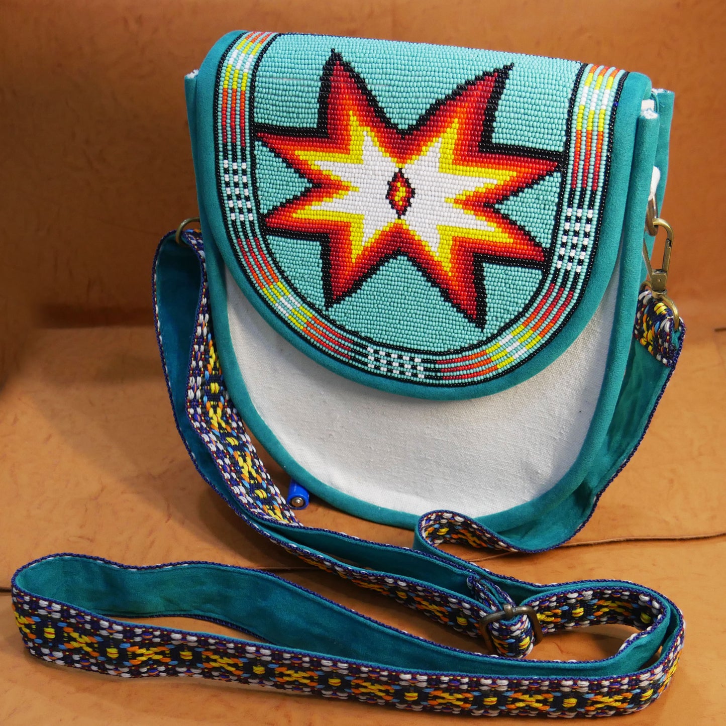 Handmade  Beaded Canvas Crossbody Bag , Shoulder Bag, Gift for Her, Gift for him (Turquoise Star)