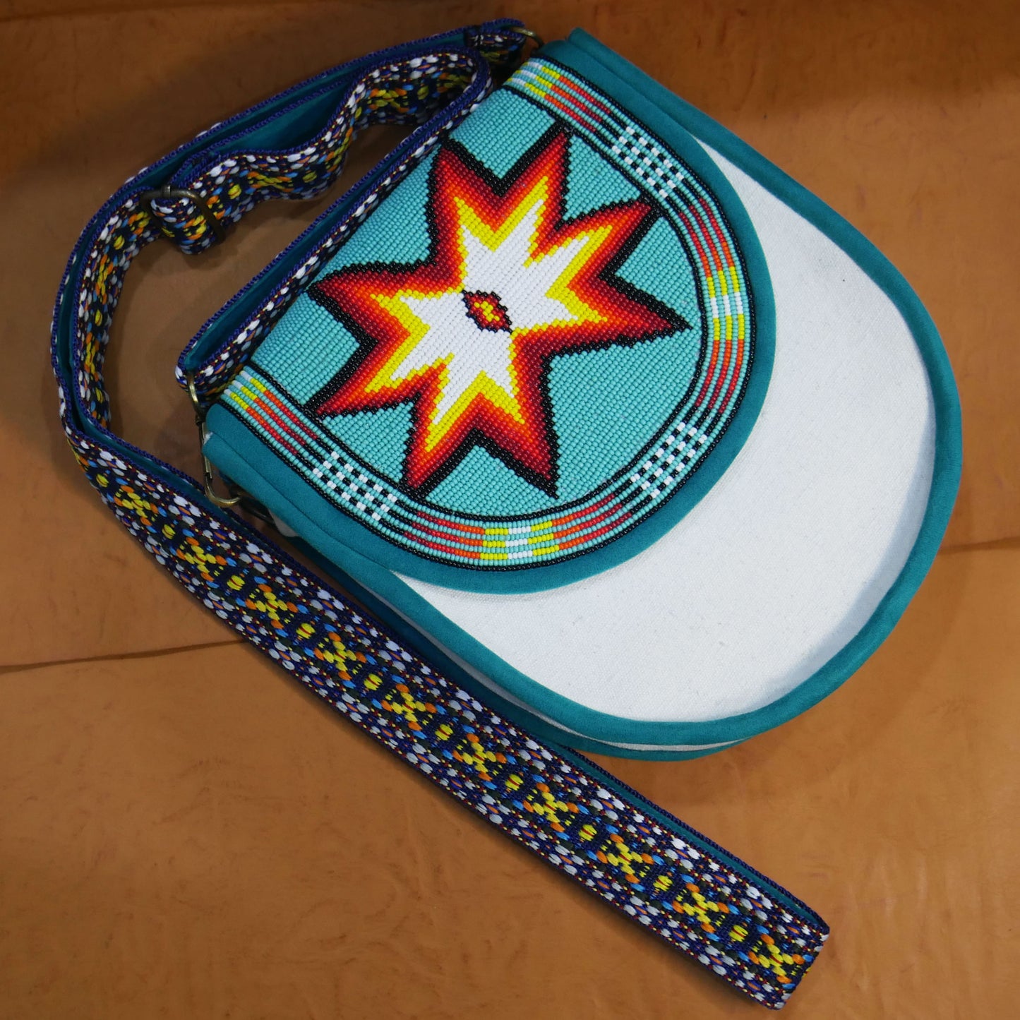 Handmade  Beaded Canvas Crossbody Bag , Shoulder Bag, Gift for Her, Gift for him (Turquoise Star)