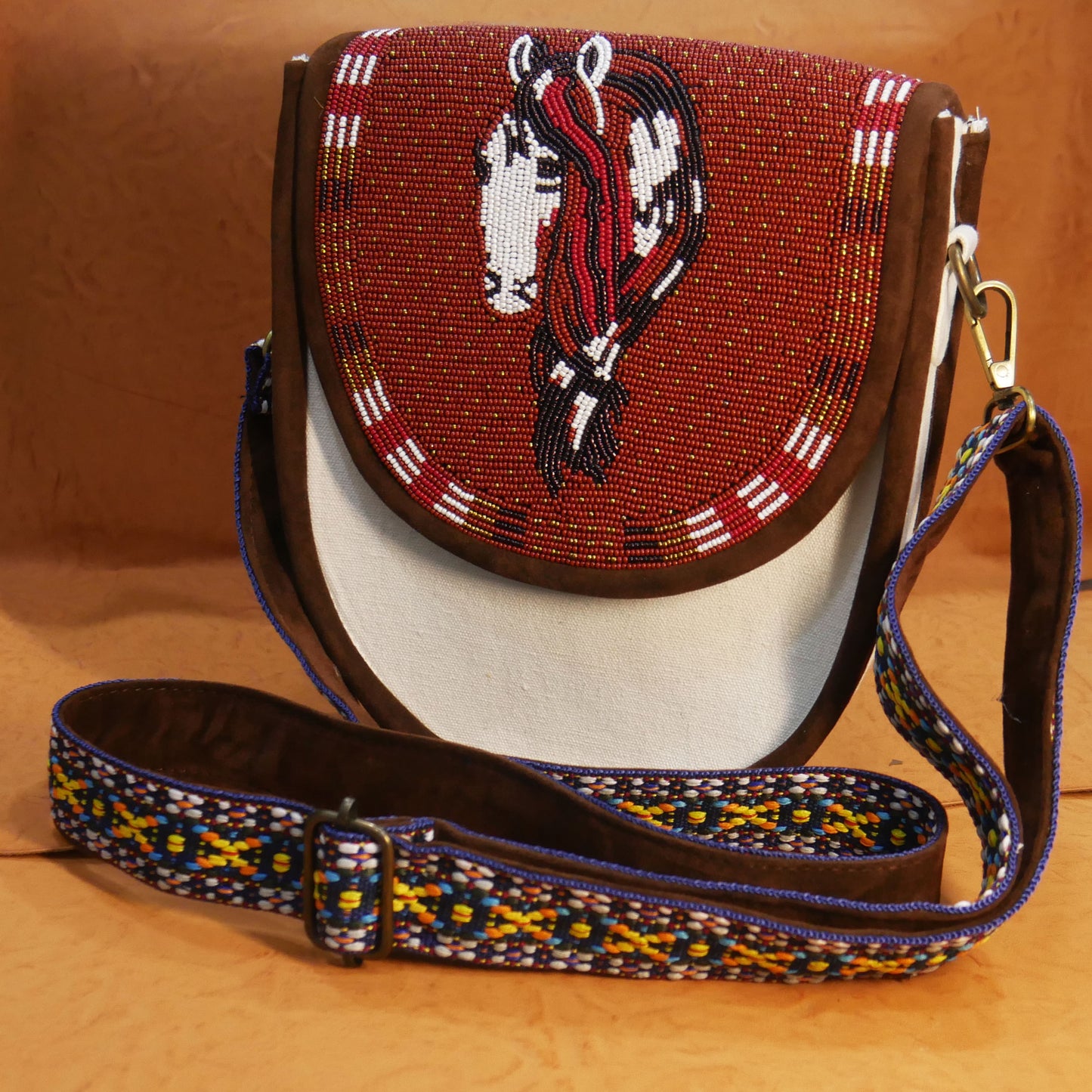 Handmade  Beaded Canvas Crossbody Bag , Shoulder Bag, Gift for Her, Gift for him (Brown Horse)