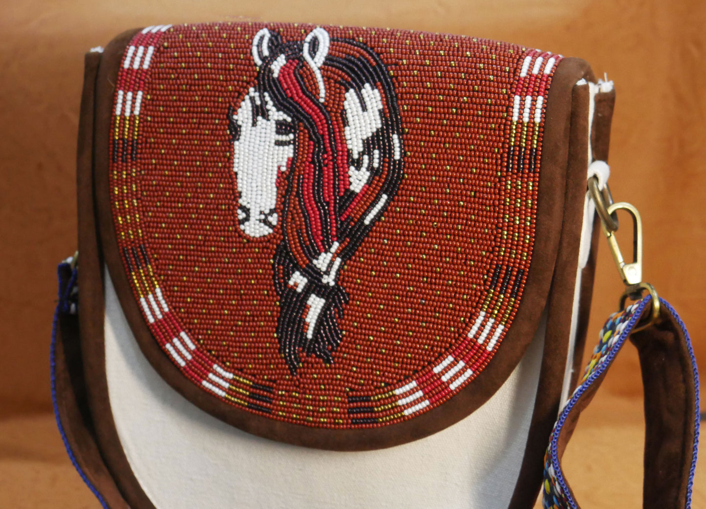 Handmade  Beaded Canvas Crossbody Bag , Shoulder Bag, Gift for Her, Gift for him (Brown Horse)
