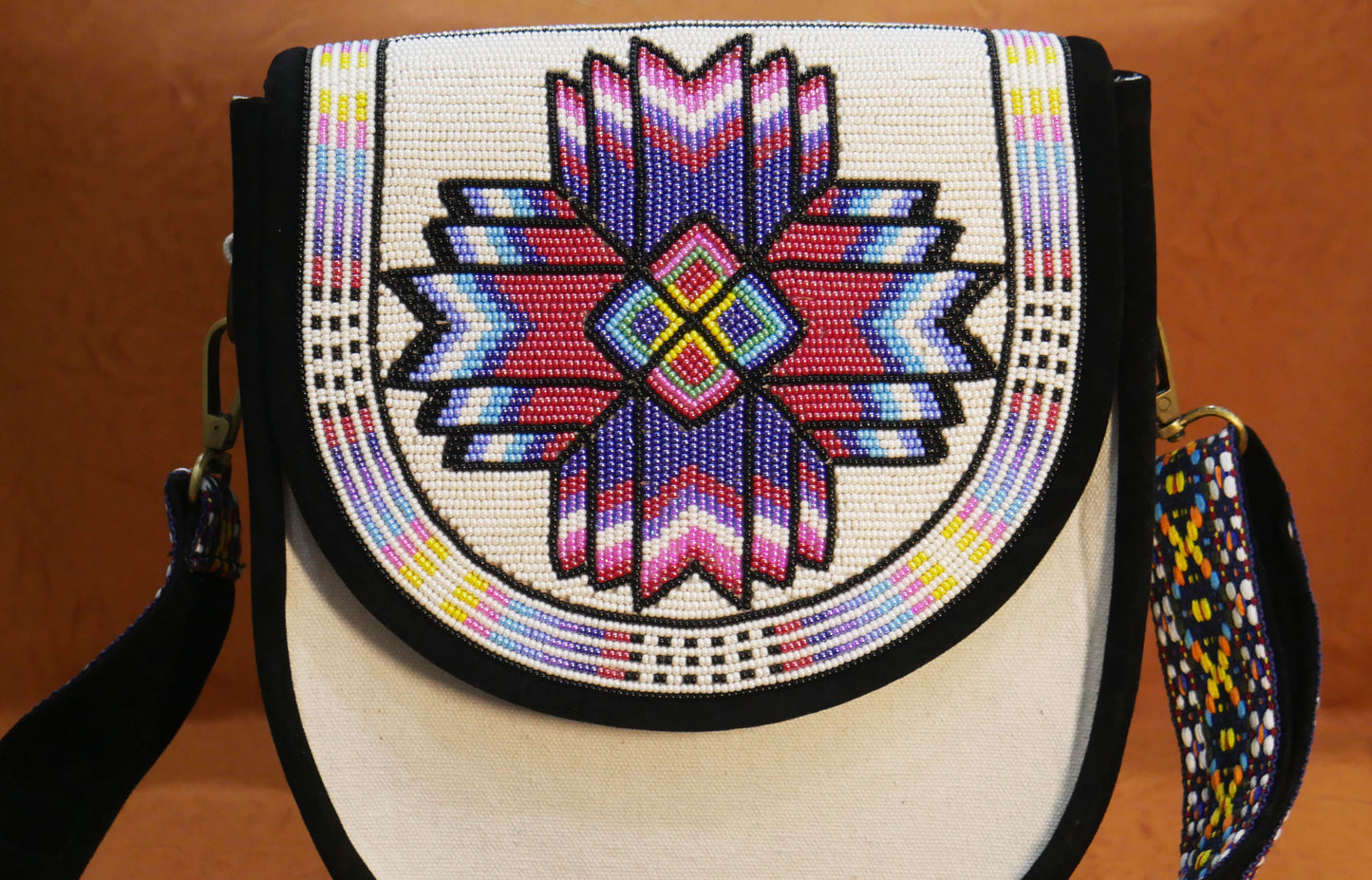 Handmade  Beaded Canvas Crossbody Bag , Shoulder Bag, Gift for Her, Gift for him (White Geometric)
