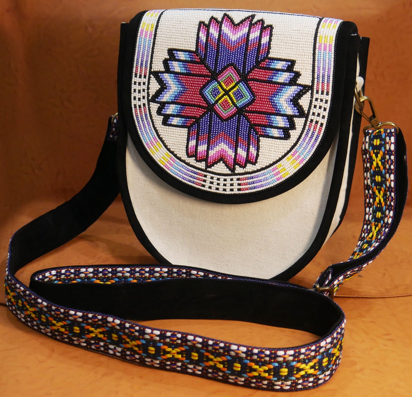 Handmade  Beaded Canvas Crossbody Bag , Shoulder Bag, Gift for Her, Gift for him (White Geometric)