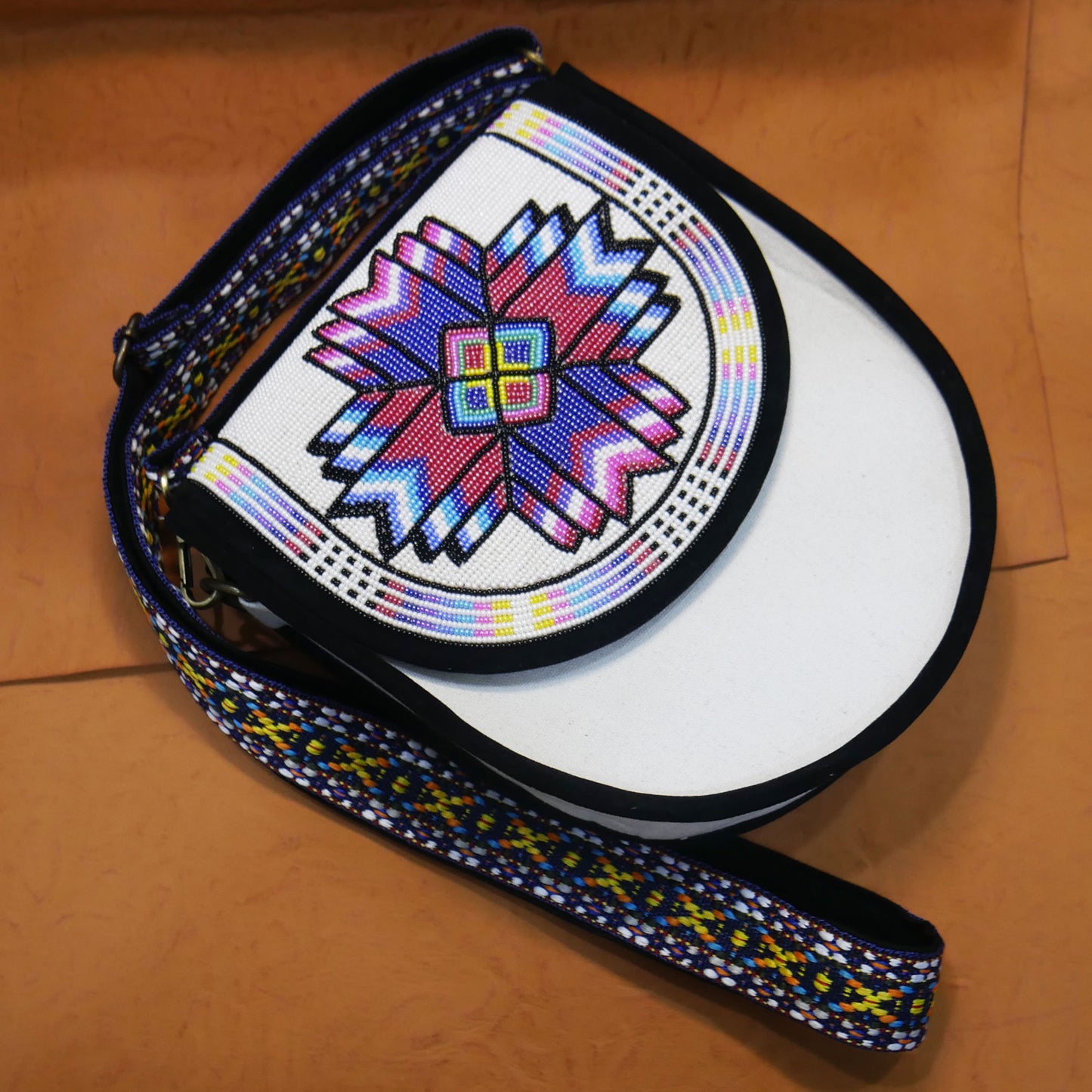 Handmade  Beaded Canvas Crossbody Bag , Shoulder Bag, Gift for Her, Gift for him (White Geometric)