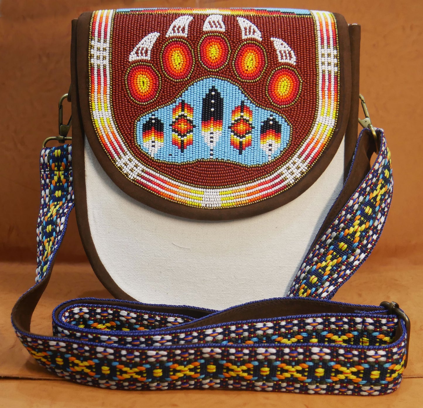 Handmade  Beaded Canvas Crossbody Bag , Shoulder Bag, Gift for Her, Gift for him ( Brown Bear-paw )