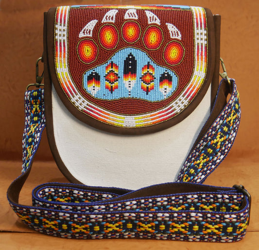 Handmade  Beaded Canvas Crossbody Bag , Shoulder Bag, Gift for Her, Gift for him ( Brown Bear-paw )