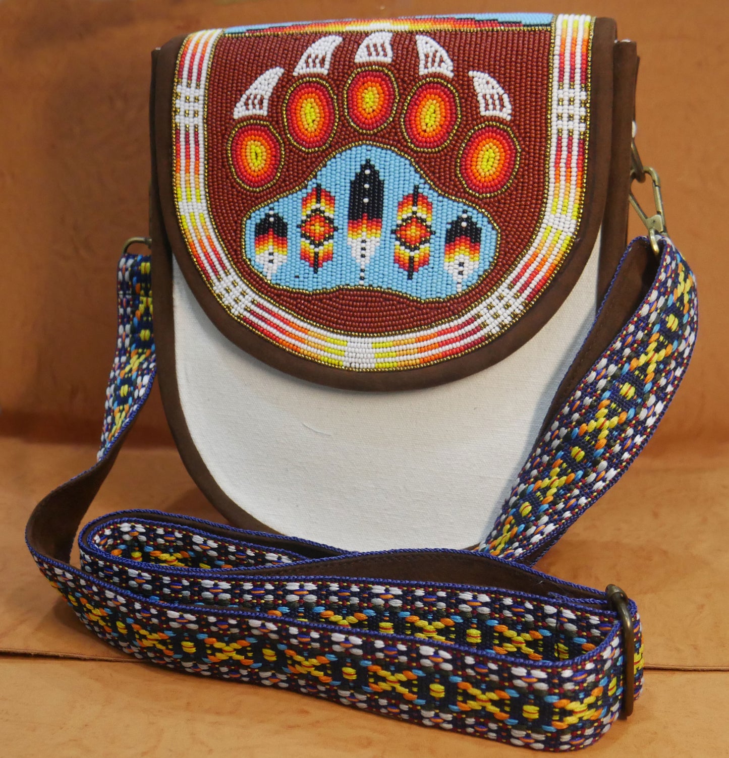 Handmade  Beaded Canvas Crossbody Bag , Shoulder Bag, Gift for Her, Gift for him ( Brown Bear-paw )