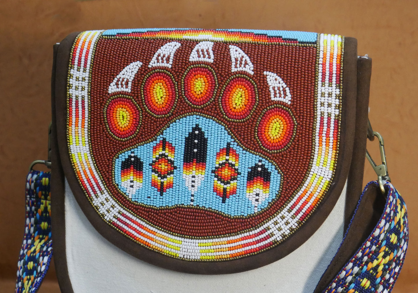Handmade  Beaded Canvas Crossbody Bag , Shoulder Bag, Gift for Her, Gift for him ( Brown Bear-paw )