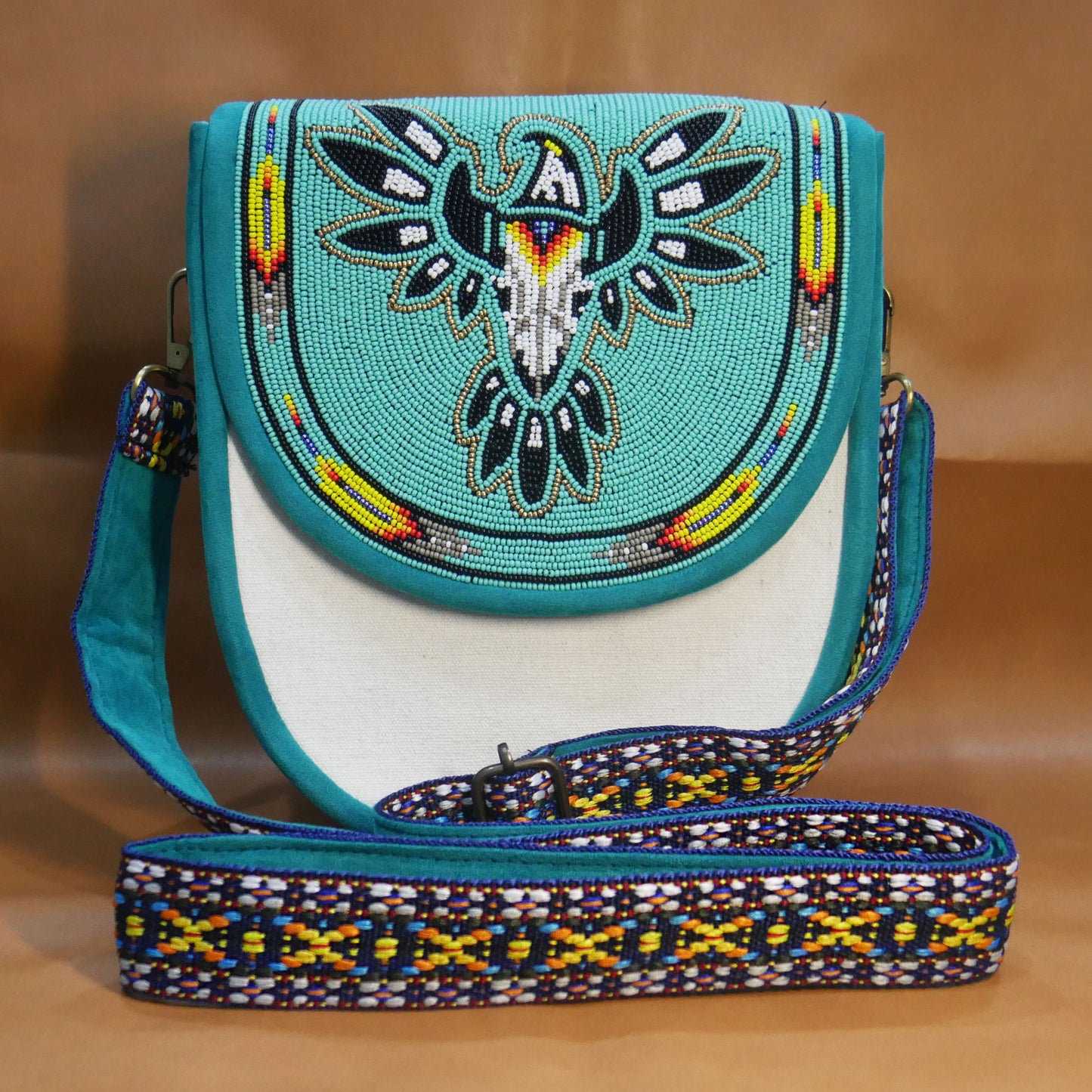 Handmade  Beaded Canvas Crossbody Bag , Shoulder Bag, Gift for Her, Gift for him ( Turquoise skull eagle )