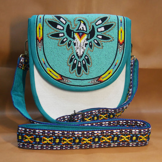 Handmade  Beaded Canvas Crossbody Bag , Shoulder Bag, Gift for Her, Gift for him ( Turquoise skull eagle )