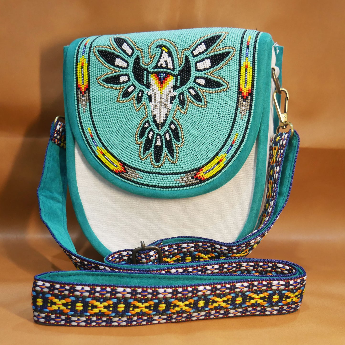 Handmade  Beaded Canvas Crossbody Bag , Shoulder Bag, Gift for Her, Gift for him ( Turquoise skull eagle )