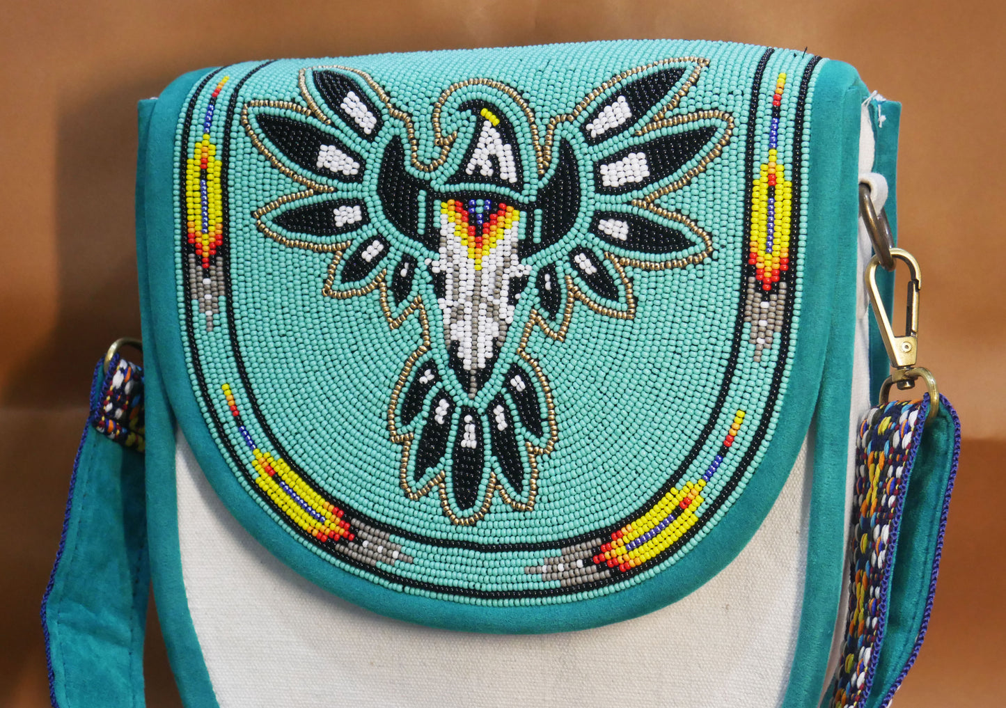 Handmade  Beaded Canvas Crossbody Bag , Shoulder Bag, Gift for Her, Gift for him ( Turquoise skull eagle )