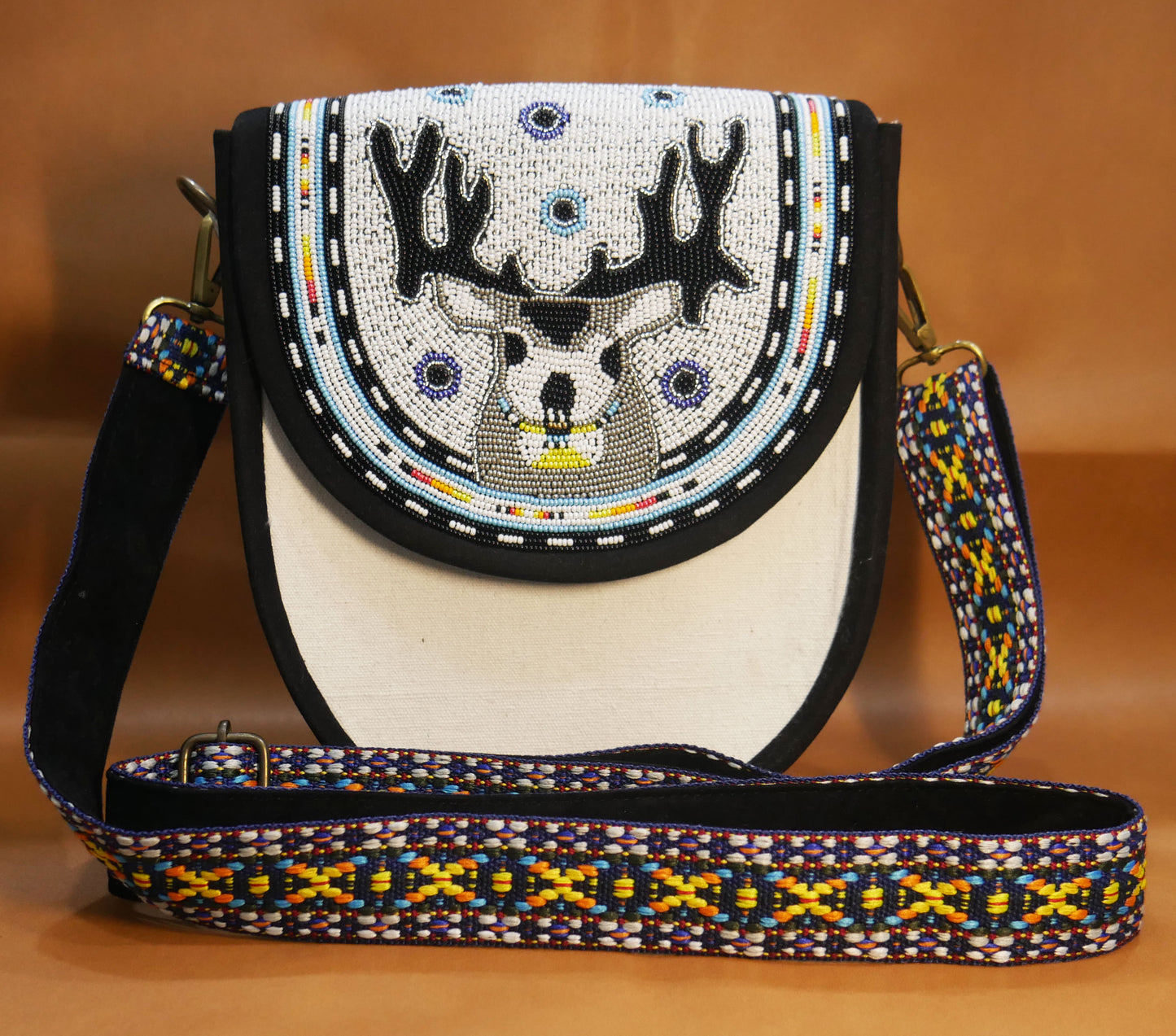 Handmade  Beaded Canvas Crossbody Bag , Shoulder Bag, Gift for Her, Gift for him (  White Reindeer )
