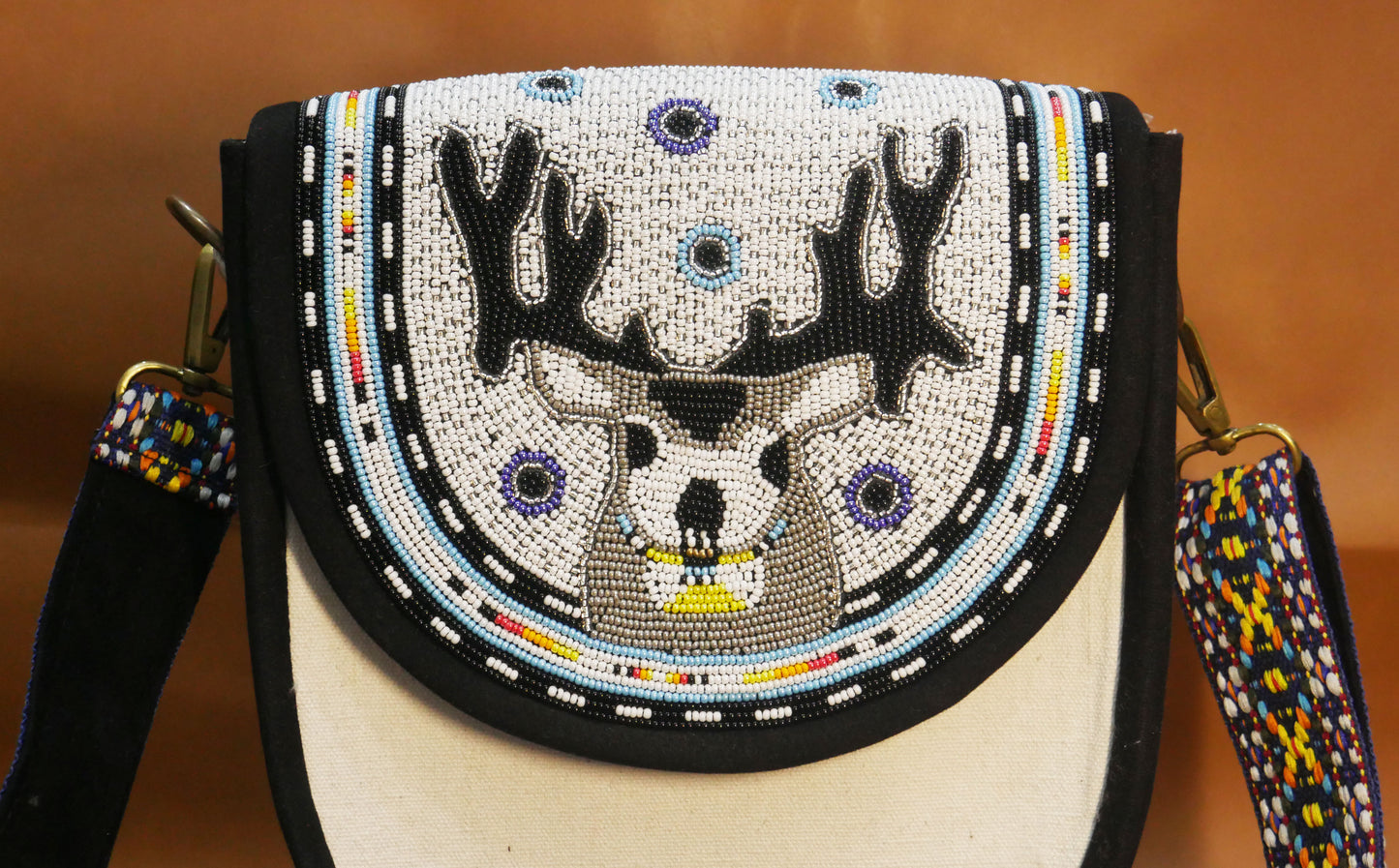 Handmade  Beaded Canvas Crossbody Bag , Shoulder Bag, Gift for Her, Gift for him (  White Reindeer )