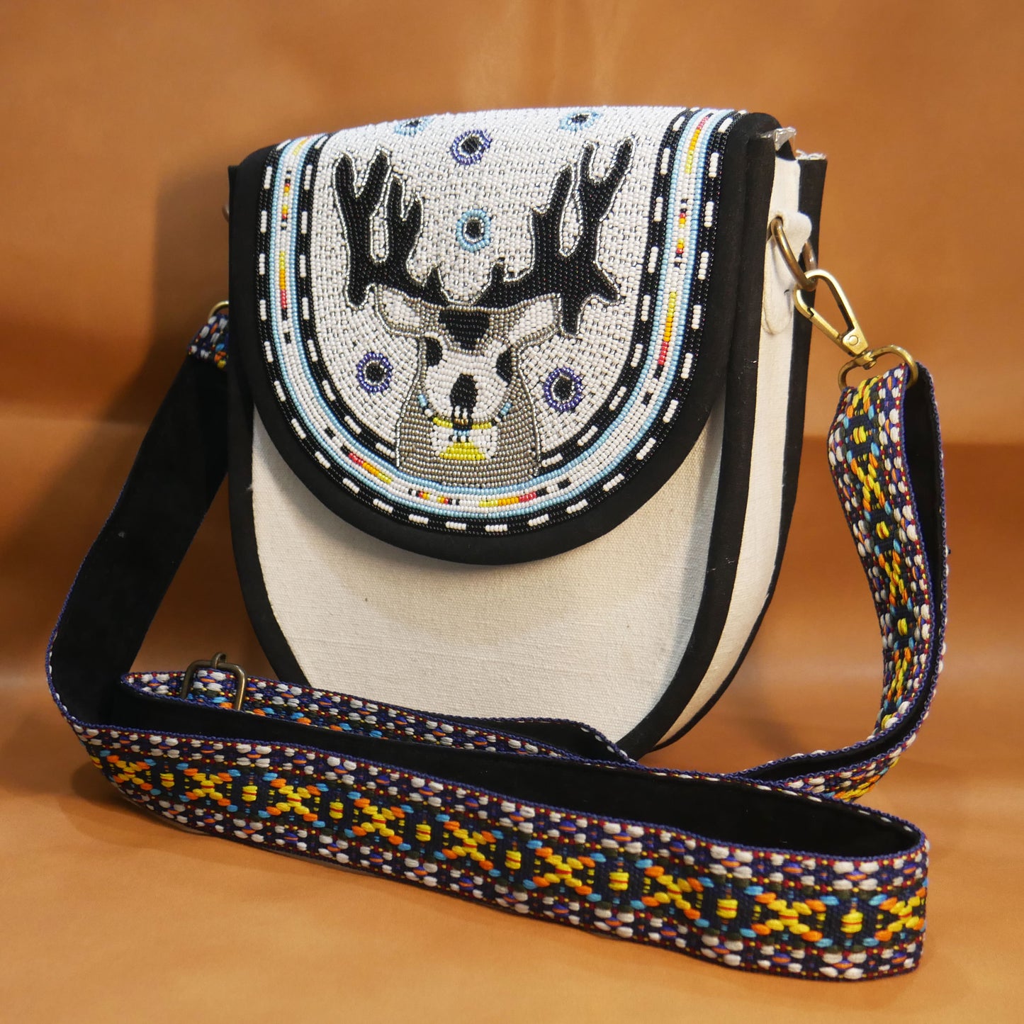 Handmade  Beaded Canvas Crossbody Bag , Shoulder Bag, Gift for Her, Gift for him (  White Reindeer )