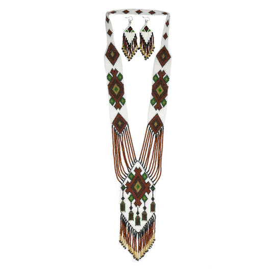 White & Brown Flower Native American Beaded Necklace ( Handmade )