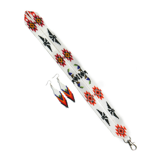 White Eagle beaded lanyard with matching Beaded Earrings, Native American Lanyard, beaded badge holder, ID card holder