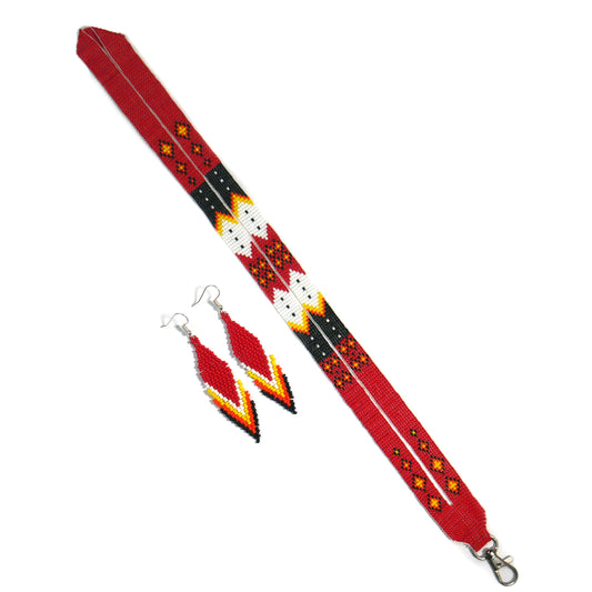 Red & Black beaded lanyard with matching Beaded Earrings, Native American Lanyard, beaded badge holder, ID card holder