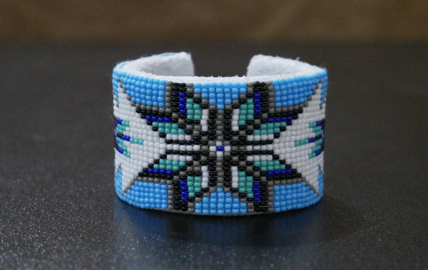 Sky-Blue Star Beaded Cuff Bracelet native American seed beads Adjustable cuff bracelet (Handmade)