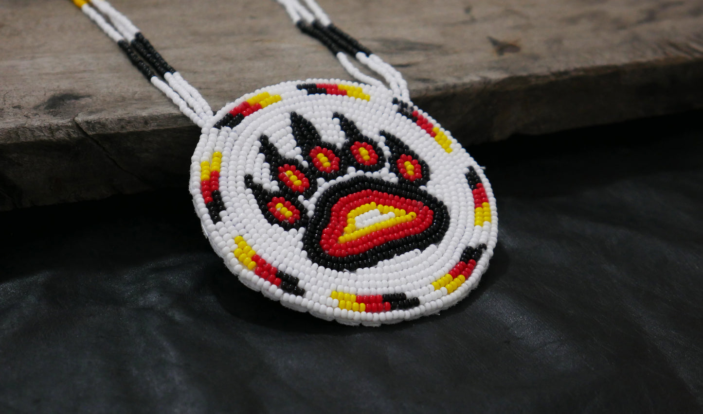 White & Black Native American Beaded Bear Paw Medallion Necklace ( Handmade )