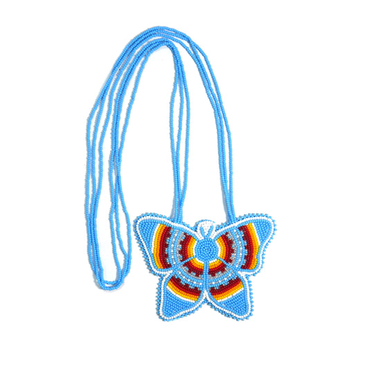 Sky-Blue Native American Butterfly Beaded Medallion Necklace ( Handmade )