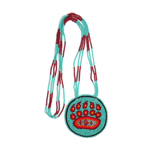 Turquoise Native American Bear Paw Beaded Medallion Necklace ( Handmade )