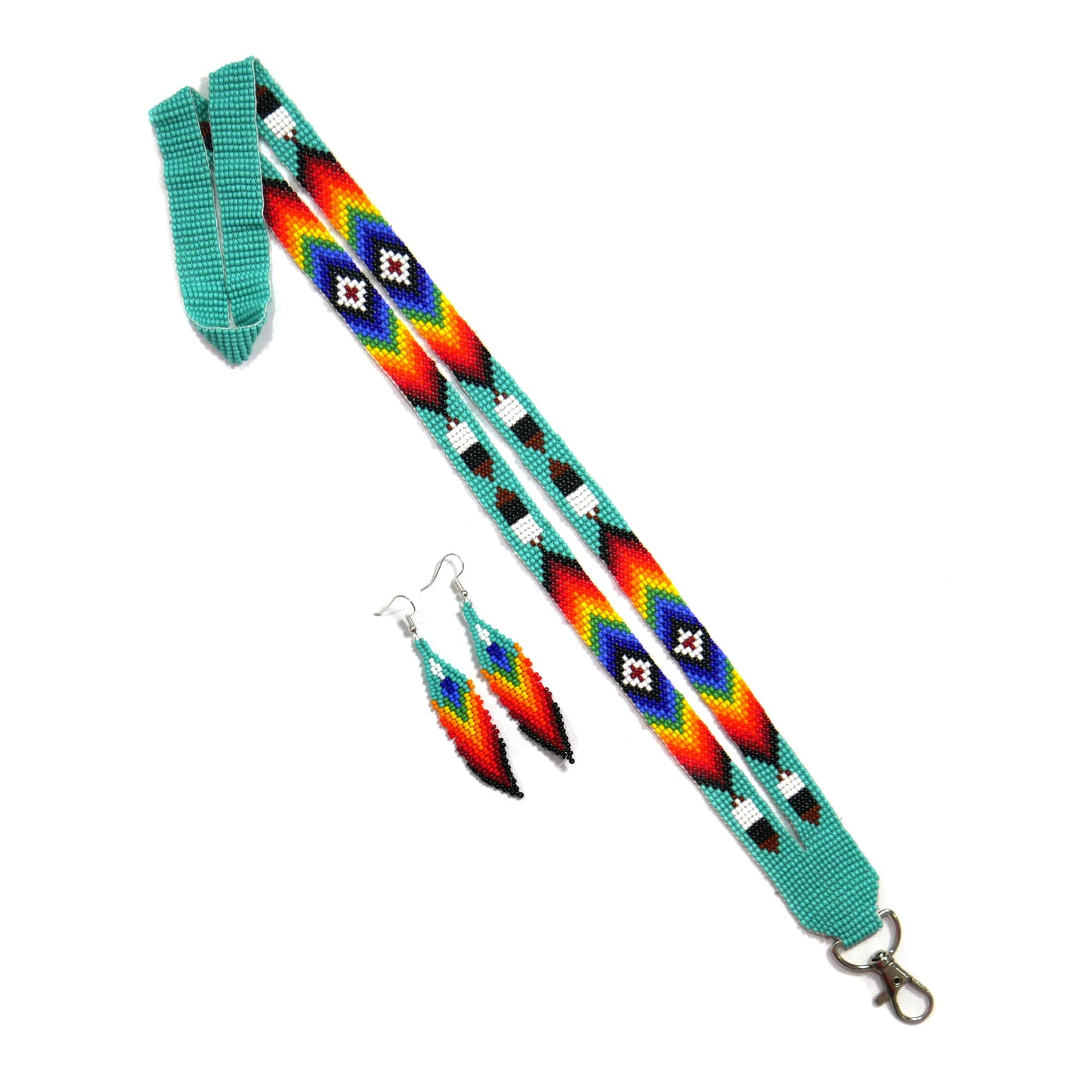 Turquoise beaded lanyard with matching Beaded Earrings, Native American Lanyard, beaded badge holder,ID card holder