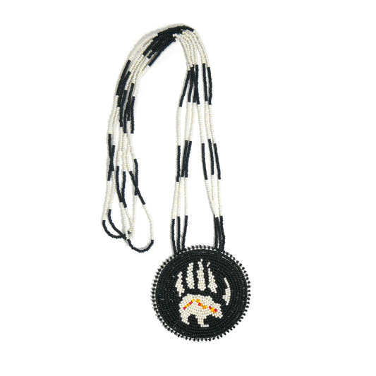 Cream Native American Bear-paw Beaded Medallion Necklace ( Handmade )