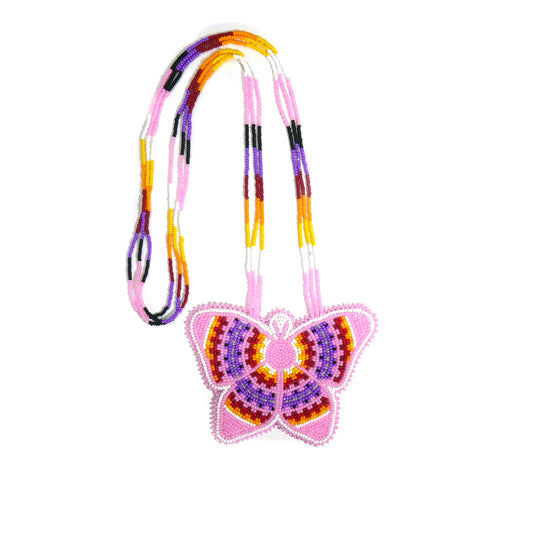 Pink Native American Butterfly Beaded Medallion Necklace ( Handmade )
