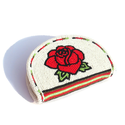 White Rose Native American Beaded Coin Purse, Change Purse For Women, Zippered Change Pouch Wallet, Small Leather Pouch, designer key pouch