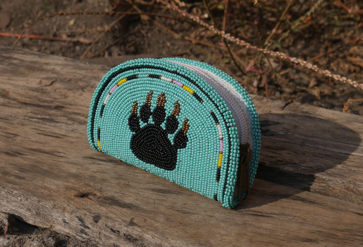 Turquoise Bear-Paw Native American Beaded Coin Purse, Change Purse For Women, Zippered Change Pouch Wallet, Small Leather Pouch, designer key pouch