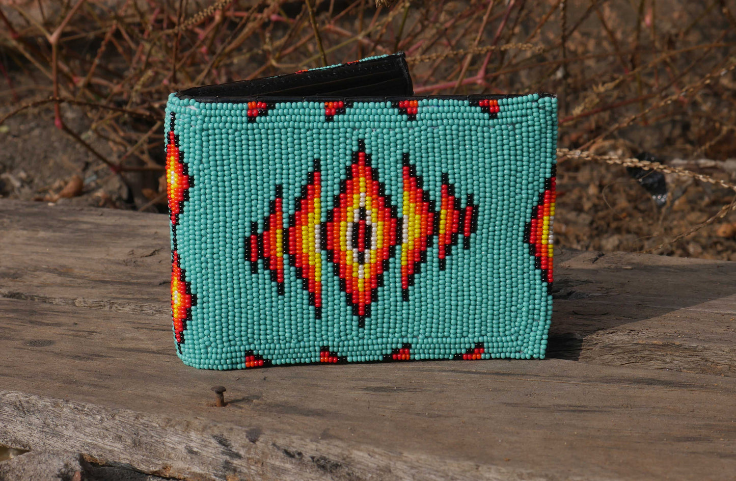 Turquoise Handmade beaded Leather Wallet seed bead  Native American Beadwork| traditional gifts for men and women