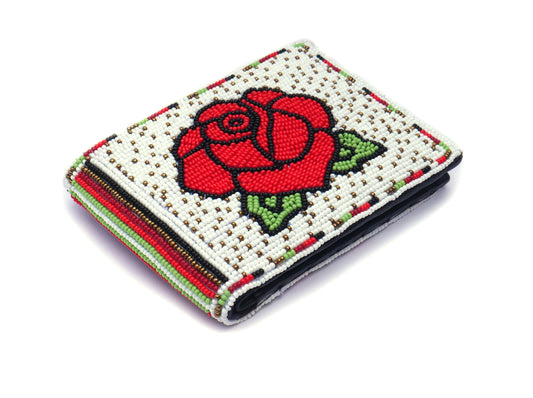 White Rose Handmade beaded Leather Wallet seed bead  Native American Beadwork| traditional gifts for men and women