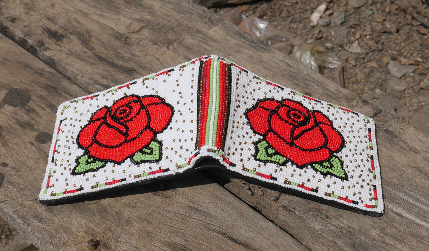 White Rose Handmade beaded Leather Wallet seed bead  Native American Beadwork| traditional gifts for men and women