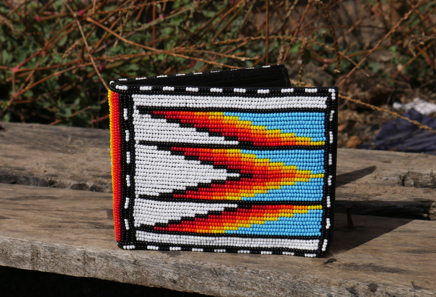 White - Sky-Blue Handmade beaded Leather Wallet seed bead  Native American Beadwork| traditional gifts for men and women