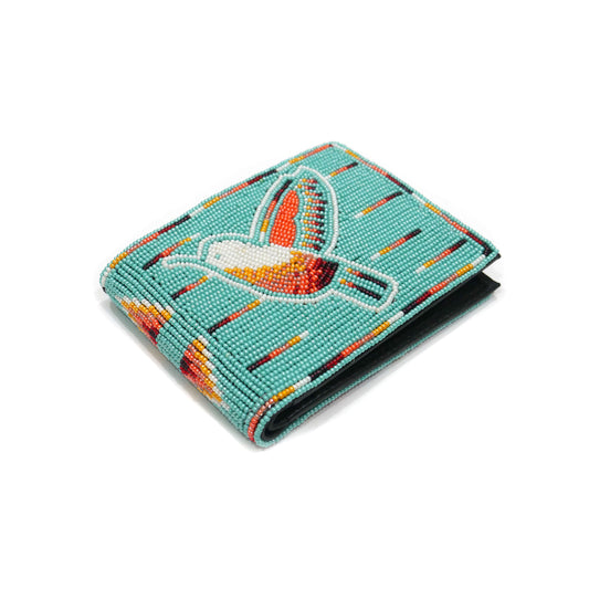 Turquoise Hummingbird Handmade beaded Leather Wallet seed bead  Native American Beadwork| traditional gifts for men and women