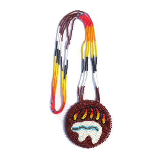 Brown Native American Bear-Paw Beaded Medallion Necklace ( Handmade )