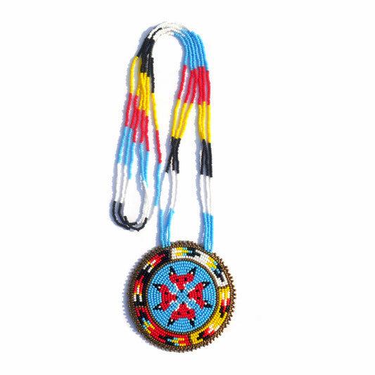 Sky-Blue Native American 4-Fox Beaded Medallion Necklace ( Handmade )