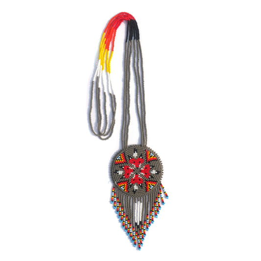 Grey Native American  4 Fox Beaded Medallion Necklace ( Handmade )