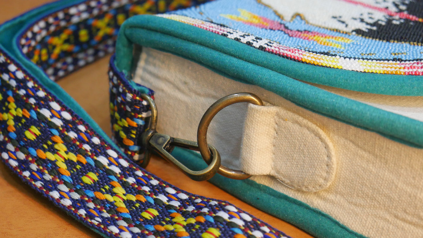 Handmade  Beaded Canvas Crossbody Bag , Shoulder Bag, Gift for Her, Gift for him ( Sky-Blue Feather)