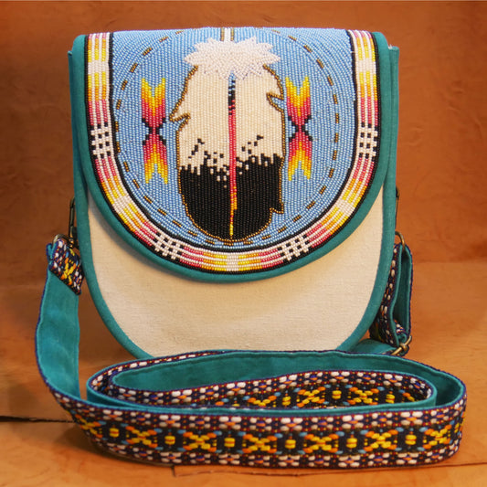 Handmade  Beaded Canvas Crossbody Bag , Shoulder Bag, Gift for Her, Gift for him ( Sky-Blue Feather)
