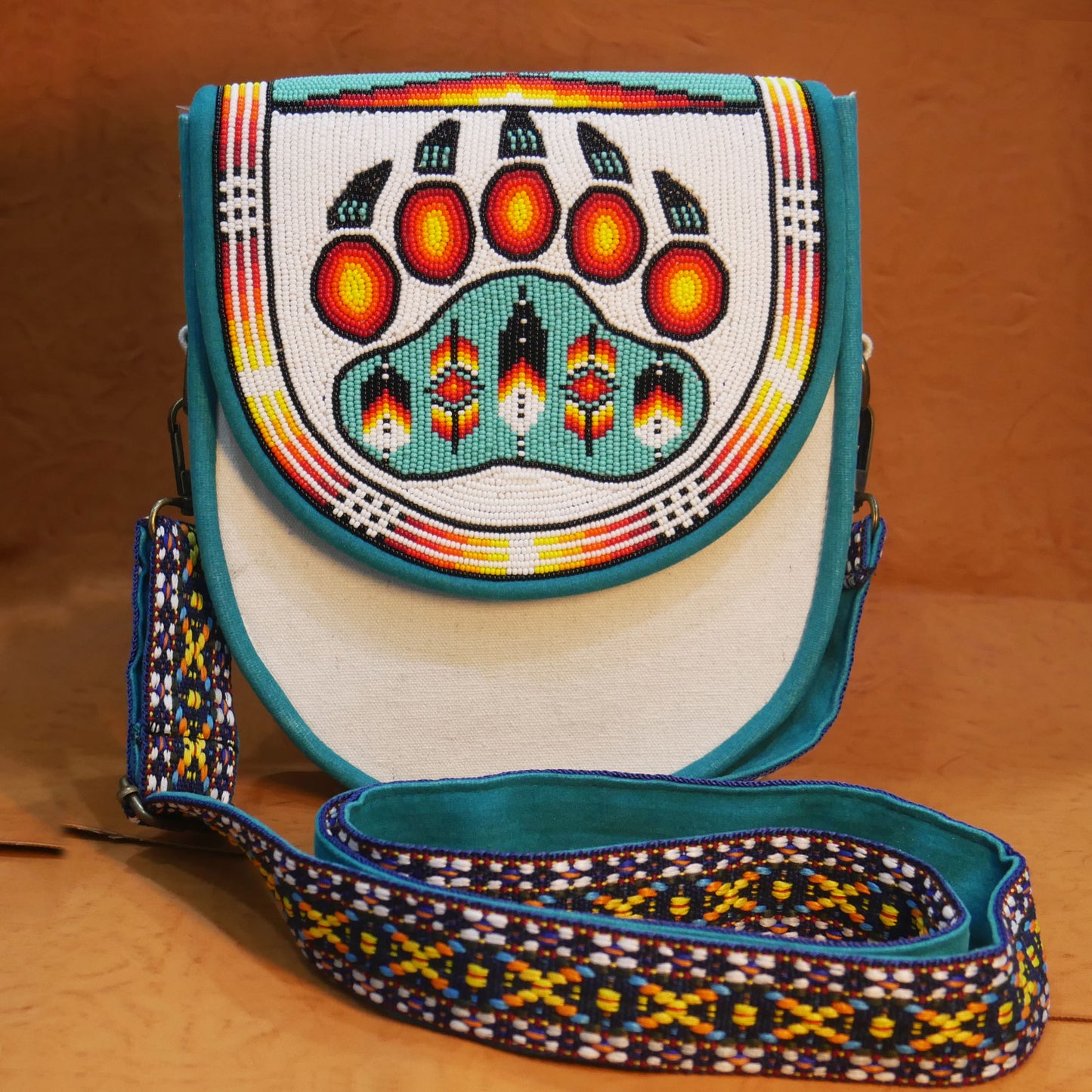 Handmade  Beaded Canvas Crossbody Bag , Shoulder Bag, Gift for Her, Gift for him ( White Bear-Paw)