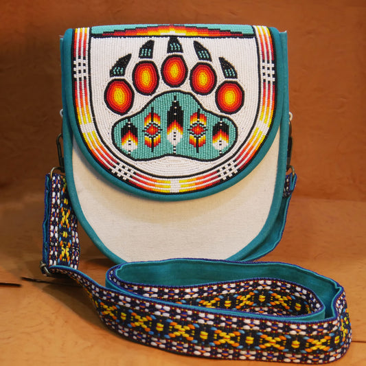 Handmade  Beaded Canvas Crossbody Bag , Shoulder Bag, Gift for Her, Gift for him ( White Bear-Paw)
