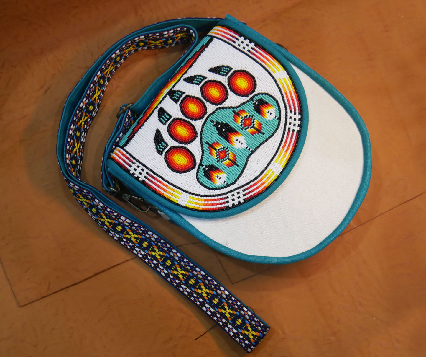 Handmade  Beaded Canvas Crossbody Bag , Shoulder Bag, Gift for Her, Gift for him ( White Bear-Paw)