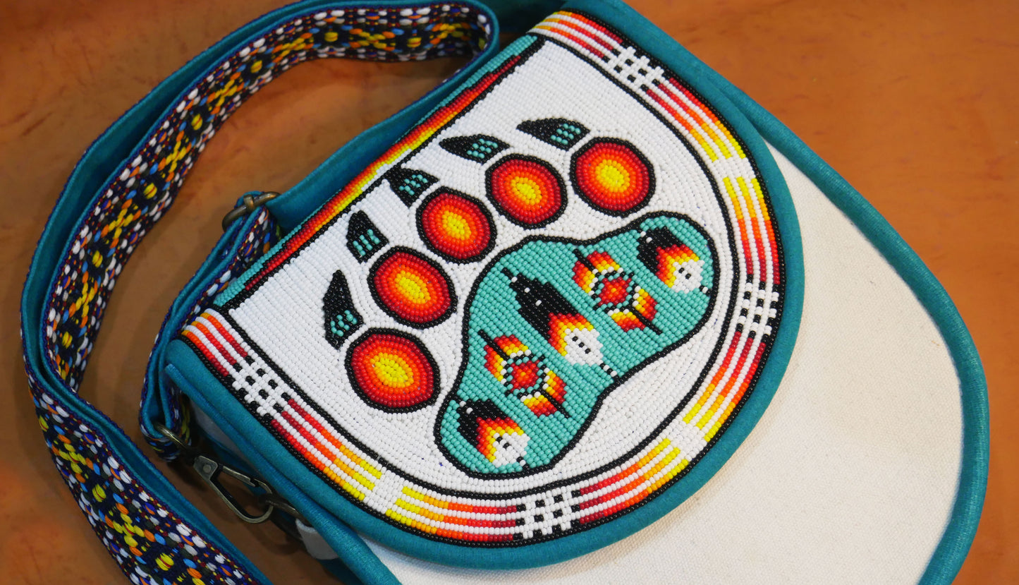 Handmade  Beaded Canvas Crossbody Bag , Shoulder Bag, Gift for Her, Gift for him ( White Bear-Paw)