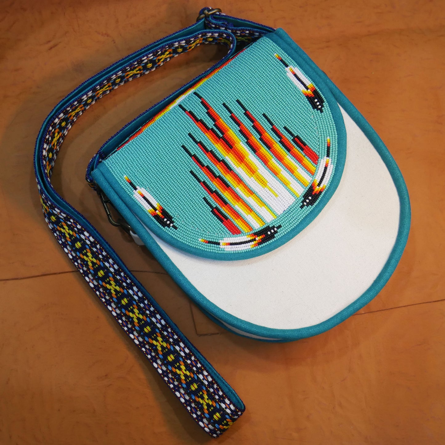 Handmade  Beaded Canvas Crossbody Bag , Shoulder Bag, Gift for Her, Gift for him ( Turquoise Geometric)