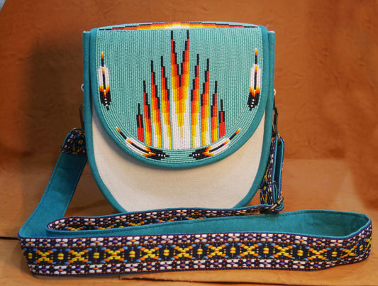 Handmade  Beaded Canvas Crossbody Bag , Shoulder Bag, Gift for Her, Gift for him ( Turquoise Geometric)