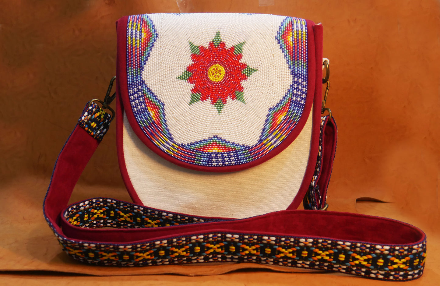 Handmade Beaded Canvas Crossbody Bag , Shoulder Bag, Gift for Her, Gift for him (White Floral)