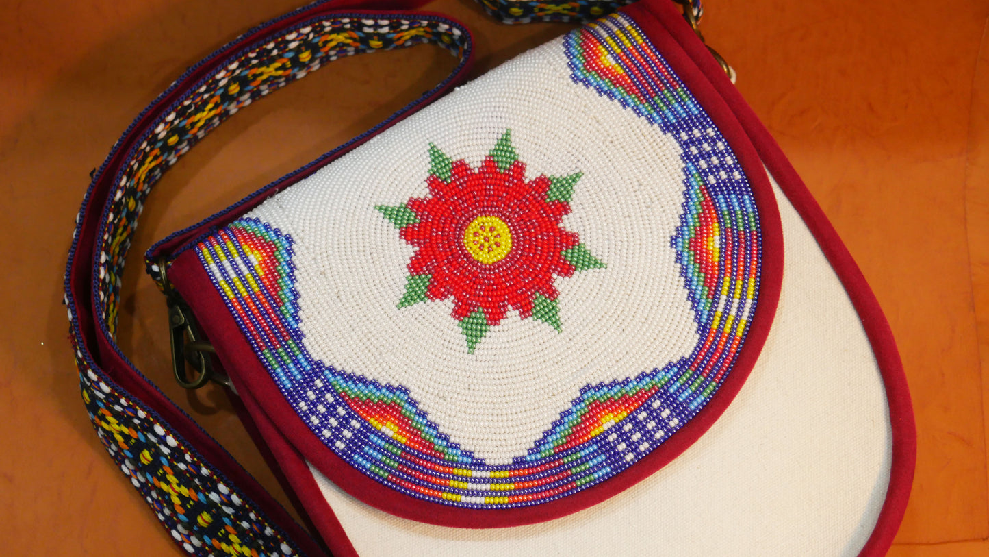 Handmade Beaded Canvas Crossbody Bag , Shoulder Bag, Gift for Her, Gift for him (White Floral)