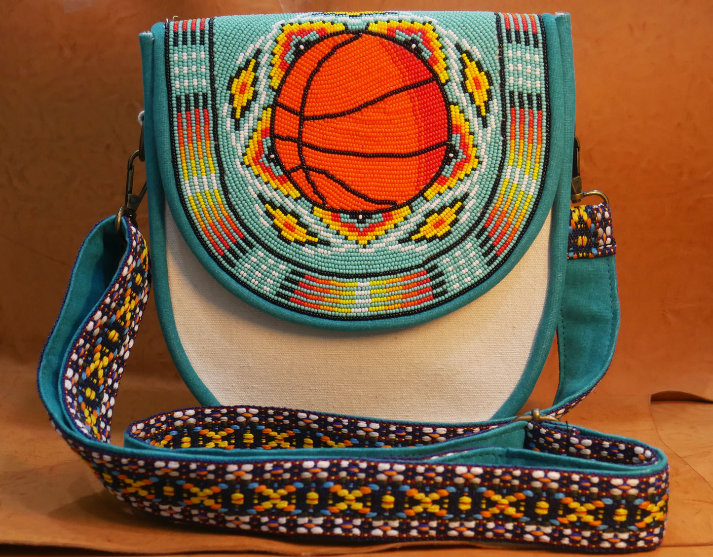 Handmade  Beaded Canvas Crossbody Bag , Shoulder Bag, Gift for Her, Gift for him (Turquoise Basketball)